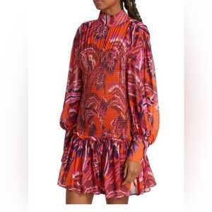 FARM RIO Chevron Forest Smocked Minidress LS Sz M Tropical Boho‎ Orange Magenta